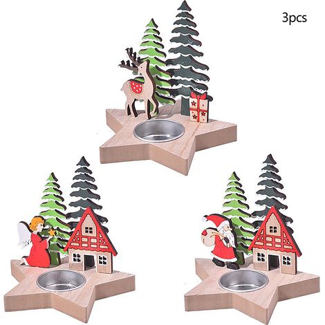Lot de 3 Porte-bougies Noël Bois Design Cartoon Stable Décoration Table Fête (1/5)