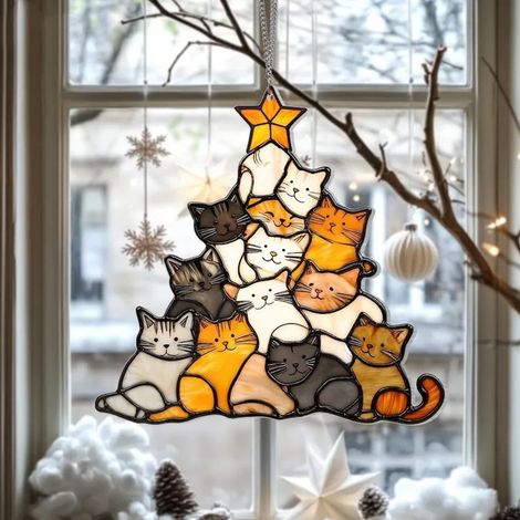Guirlande De Noël En Acrylique - Décoration Suspendue Pour Fenêtre - Chat De Noël - 1 Pièce (1/5)