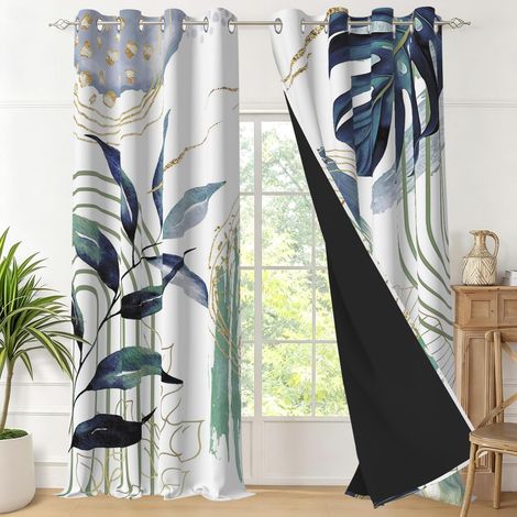 Rideaux Occultant Bleu, Rideaux Occultant Tropical Boheme Feuilles de Palmier Rideau Thermiques Isolants Anti Froid et Chaleur Rideau à Oeillets pour Chambre Fenêtre, Lot de 2, 140x175cm (1/5)