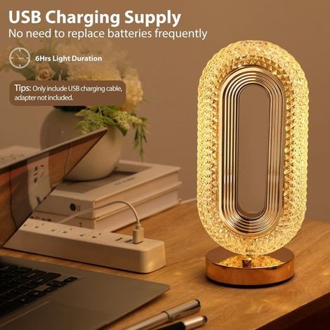 100 unidades, Lámpara táctil regulable escalonamientos 3 colores, nocturna recargable puerto USB, Lámpara cristal ovalada moderna mesita noche (1/5)