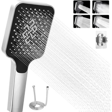 High-pressure shower head with 4 modes, large shower head with hose and base (silver) (1/5)