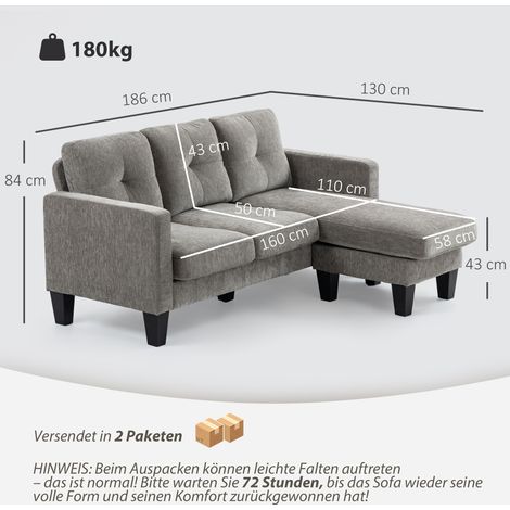 Ecksofa, Eck-Couch mit umkehrbarer Chaiselongue, Sofa in L-Form, Bezug in Leinenoptik, 186 x 130 x 84 cm, Braun (1/5)