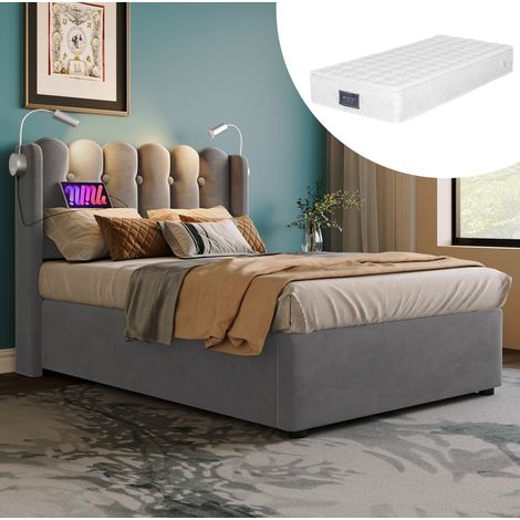 lit coffre 90x200 avec liseuse et USB, velours gris HAVRYA (1/5)