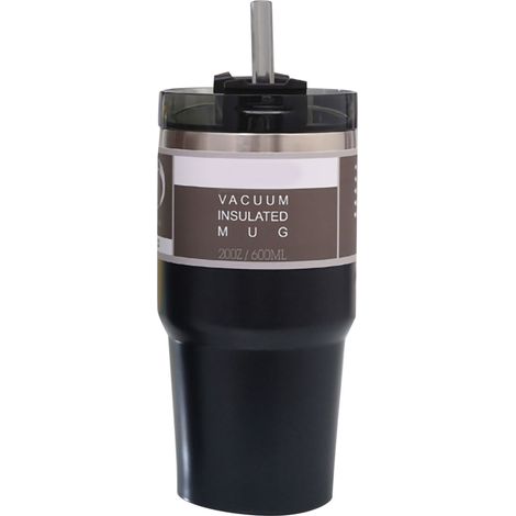 600 ml Isolierbecher für unterwegs mit Strohhalm, Deckel und Vakuumisolierung aus schwarzem Edelstahl (1/5)