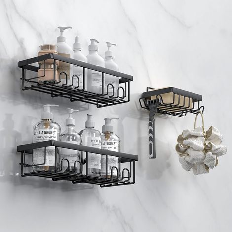 3 Pack Noir Rangement Salle de Bain, Etagere Salle de Bain, Etagere Douche Adhésifs, Rangement et Organisation avec Crochets, Douche sans Percage (1/5)