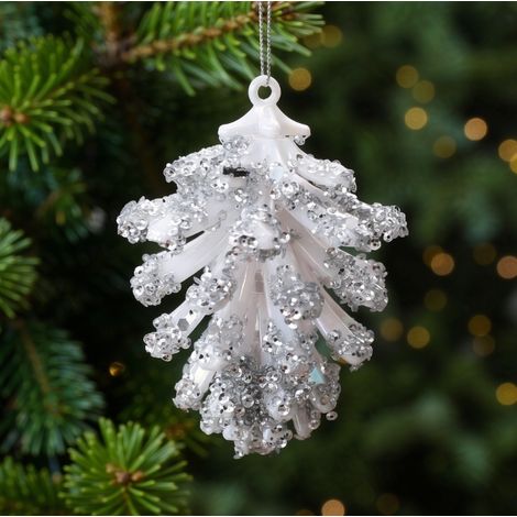 Ornement pomme de pin blanche pailletées argentées 10×7 cm, décoration hivernale pour sapin (1/3)