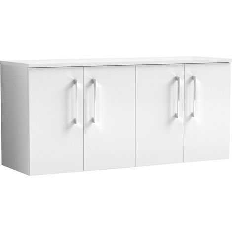 Balterley Bramshall Modern Bathroom 1200mm Wall Hung 2-Door Vanity Unit with Worktop, Soft Close Doors, Gloss White