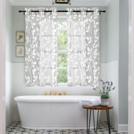 Petits Rideaux de fenêtre Gris Clair pour Salle de Bain, Motif à Rayures et Feuilles pour Chambre à Coucher, Cuisine, Gris et Blanc, 122 cm de Long (1/5)