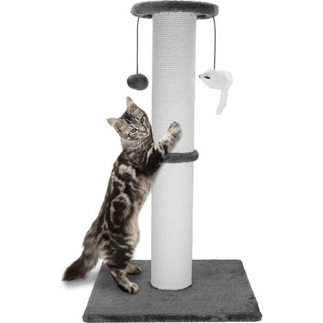 Poste rascador para gatos de 86 cm (34 pulgadas), resistente y grueso, con cuerda de algodón, bola colgante y rascador para ratones, ideal para gatos de interior y adultos (gris).