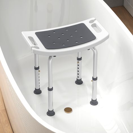 Sgabello da Doccia in Lega di Alluminio e Plastica Antiscivolo, Altezza Regolabile 6 Livelli 39-52cm, Grigio (1/5)