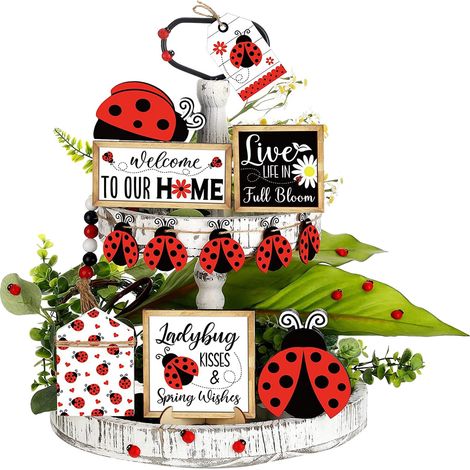Support À Couches - Plateau Décoratif En Bois Avec Lettres Bloc Et Coccinelles Rouges - Pour Étagère Cuisine Salon Printemps Été - 1 Lot (1/5)