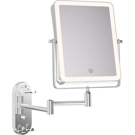 Specchio da trucco a LED da parete da 8 pollici – Specchio cosmetico bifacciale con braccio orientabile a 360°, estensibile, ingrandimento 1x/30x, 3 tonalità di luce dimmerabili (1/5)