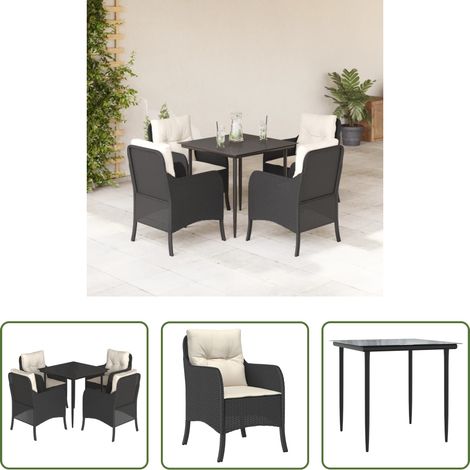 Gartenstuhl -  5-tlg. Garten-Essgruppe mit Kissen Schwarz Poly Rattan (1/5)