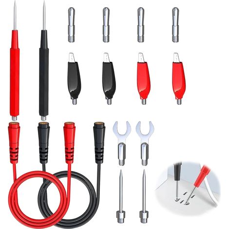 16-teiliges Multimeter-Messleitungsset mit Krokodilklemmen und 4-mm-Bananensteckern, isolierten Messspitzen und austauschbaren Multimeter-Messspitzen für die Kfz-Diagnose und professionelle elektrisch