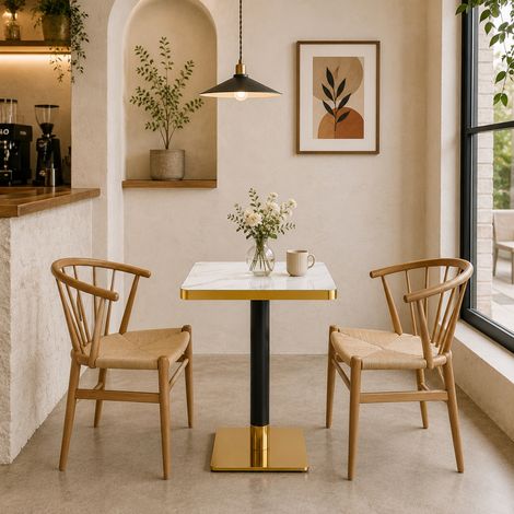 Table à manger carrée moderne avec plateau revêtu UV à effet marbre et structure métallique stable pour cuisine et salle à manger (1/5)