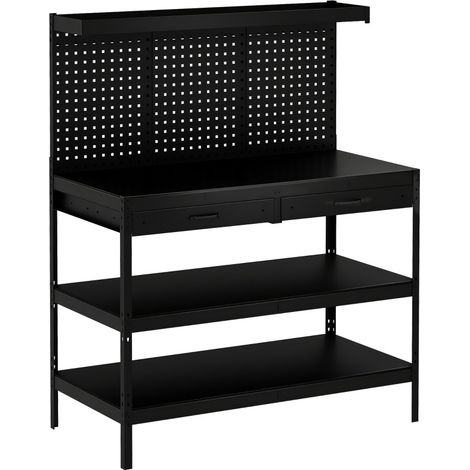 Établi avec étagères réglables, panneau perforé et 2 tiroirs, 122 x 61 x 156 cm, acier noir (1/5)