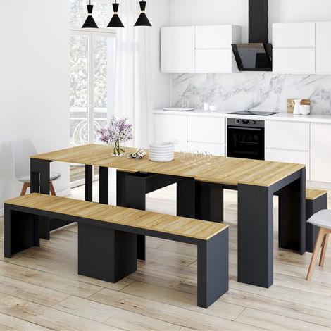 ORLANDO Mesa consola para 10 personas y bancos extensibles 235 cm madera negra y acabado haya (1/5)