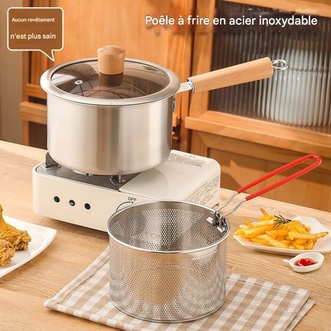 Coffret de 3 ustensiles de cuisine en acier inoxydable : friteuse mini et casserole à lait pour bébé, multifonction avec couvercle et panier friture, pratique pour la maison (1/4)