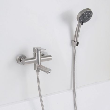 Robinet de baignoire avec douchette Mitigeur de baignoire mural avec douchette à main pour salle de bain avec bec rotatif à 90° nickel (1/5)
