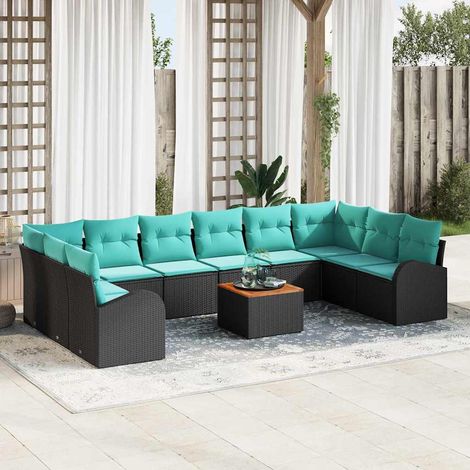 Salon de jardin modulable 11 pièces en polyrotin, acier et acacia noir turquoise, 10 places - PANGIVO (1/5)