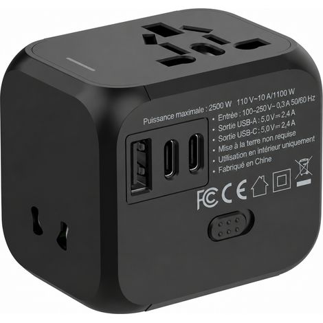 Adaptateur voyage SL-176-2C1A noir pur SL-176-2C1A-1 100V-250V 1 USB 2 Type-C 7 × 8 × 8 cm 180 g – Livraison gratuite