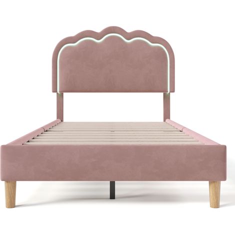 Lit rembourré LED 90 x 200 cm en velours rose avec tête de lit réglable et sommier à lattes (1/5)