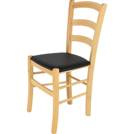 Tommychairs - Sedia modello Venice per cucina bar e sala da pranzo, robusta struttura in legno di faggio color naturale e seduta rivestita in pelle artificiale colore nero (1/5)