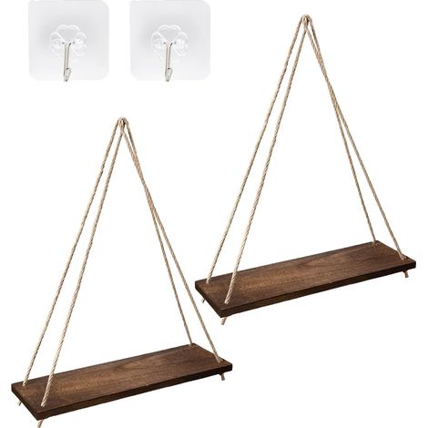 2pcs Etagere Murale Bois, Étagères à Corde en Bois Étagère, Etagere Suspendue Decoration Boheme, Étagère Suspendue Corde 2 Tier (1/5)
