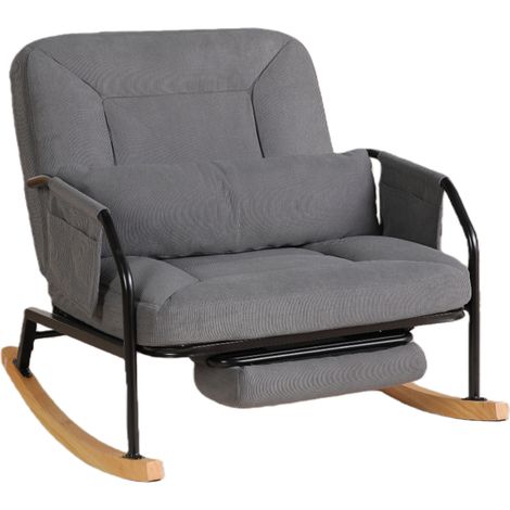 Fauteuil à bascule XXL avec repose-pieds, dossier inclinable, coussin en velours côtelé gris, structure en métal et bois (1/5)