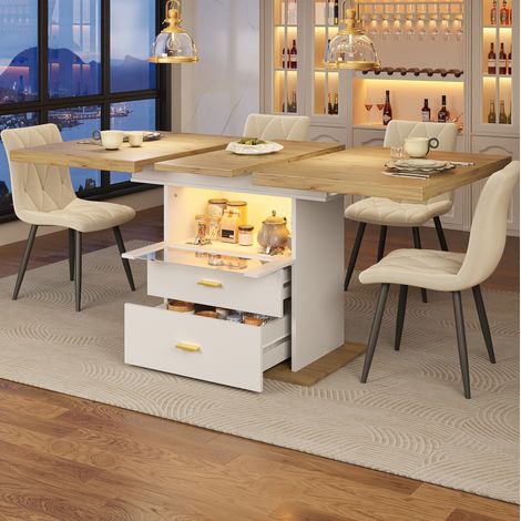 Mesa extensible de MDF 110-140 x 80 x 75 cm blanca, LED y almacenaje (1/5)