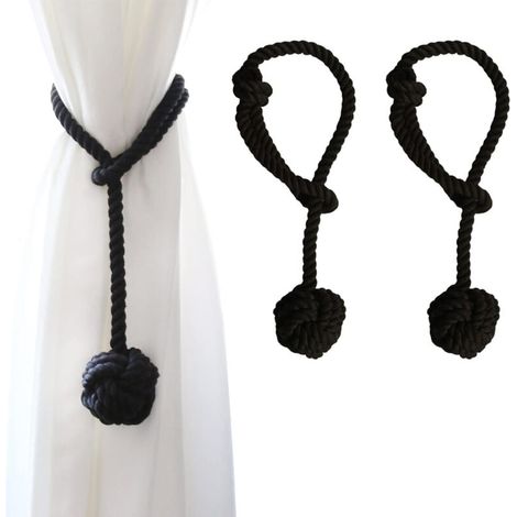Paquete de 2 alzapaños para cortinas de exterior con bola grande de algodón tejida a mano (negro, 2 unidades) (1/4)