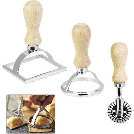 Ensemble d'emporte-pièces en acier inoxydable, moule à raviolis carré et rond (3 pièces) avec manche en bois pour la cuisson de biscuits, pain et bonbons. (1/4)
