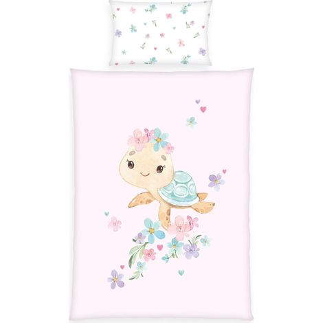 Parure de Lit Little Turtle, Taie d'oreiller 40 x 60 cm avec rabat, housse de couette 100 x 135 cm, Avec fermeture éclair, 100% coton/renforcé, Blanc/Rose (1/5)