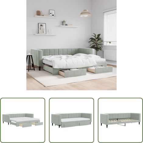 vidaXL Lit gigogne - Lit de jour avec gigogne et tiroirs gris clair 90x200cm velours (1/5)