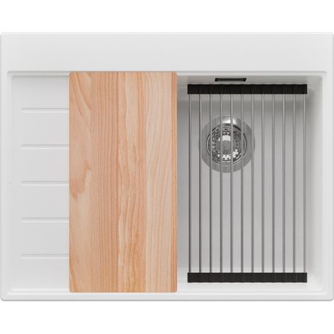 PRIMAGRAN Evier Cuisine en Granit 62x50cm,Lavabo 1 bac + Kit de Vidage + Accessoires, Évier à Encastrer au meuble 40cm - Sydney, Blanc (1/5)