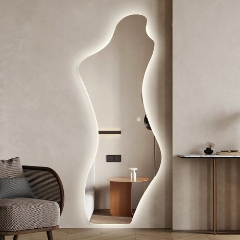 WDWRITTI Asymmetrischer Standspiegel 165x65cm Ganzkörperspiegel mit Beleuchtung Asymetrischer Spiegel mit Beleuchtung für Ankleidezimmer, Schlafzimmer, Wohnzimmer, Friseursalon