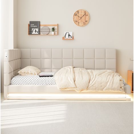 Divano letto 90x200 cm beige in lino con LED RGB, presa USB e rete a doghe (1/5)