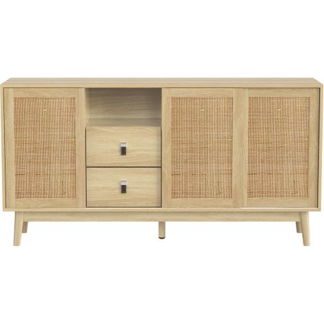 Buffet rotin 3 portes coulissantes, 2 tiroirs, 155×38×80 cm (1/5)