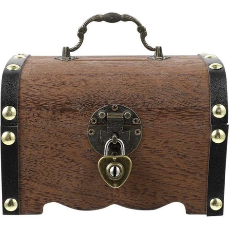 Tirelire - - Coffre au trésor en bois - Serrure et clé - Style vintage - Marron (1/4)