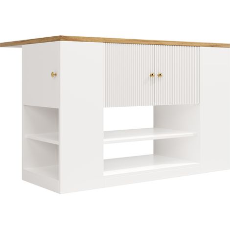 Îlot de cuisine multifonction avec rangement, plateau pliant et étagères, MDF blanc, 140x40x90 cm (1/5)