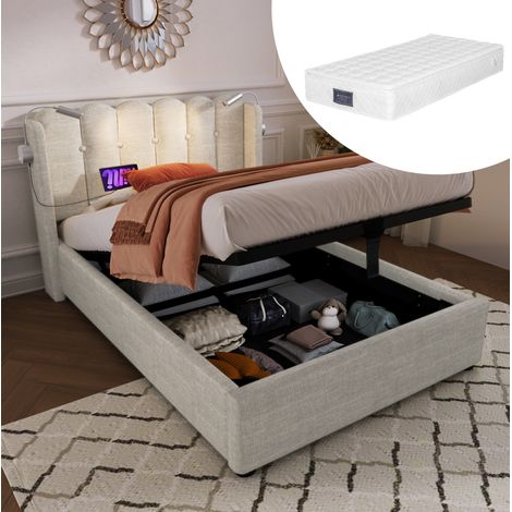 lit adulte couchage coffre USB 90x200 lin avec matelas OKMYHOME (1/5)