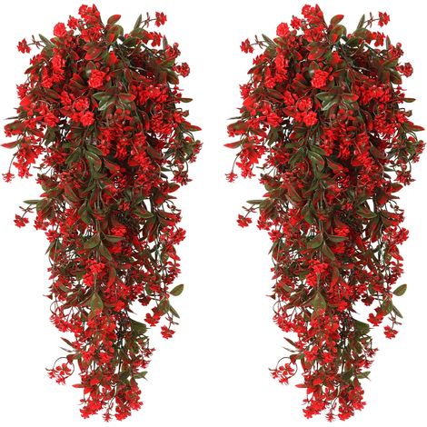 Lot de 2 Plantes Retombantes Artificielles, Fleurs Rouges et Feuillage Vert, Résistantes aux UV pour Jardin et Terrasse (1/5)
