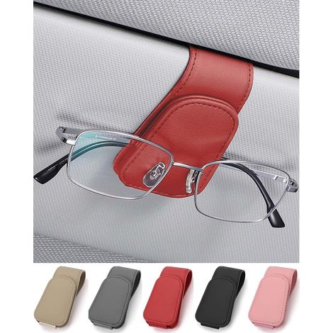 Car Glasses Holder, Leather Car Sun Visor Glasses Holder Clip, for Sunglasses Cards Tickets, Red (1/5)