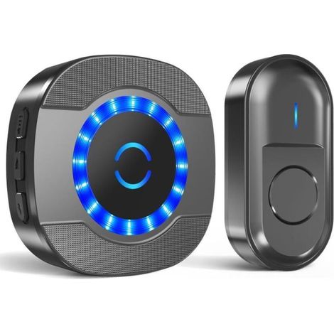 NoirSonnette sans Fil Exterieur Étanche, 300M Sonnette Longue Portée avec Récepteurs Enfichables, Carillon Electronique Kit pour la Maison, LED Bleu, 55 Mélodies, 5 Niveaux Volumes (1/5)