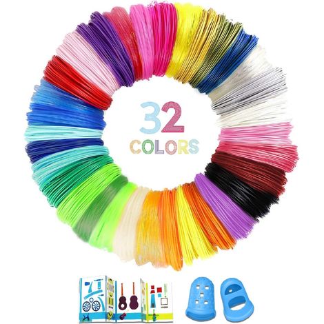 Fil Stylo 3D PLA, 32 Couleurs 1,75MM Recharge Stylo 3D, 5M Chacun,Total 160M Filament Stylo 3D avec Manchon en Silicone pour Les Doigts et Modèle,Recharge 3D Pen Filament (1/5)