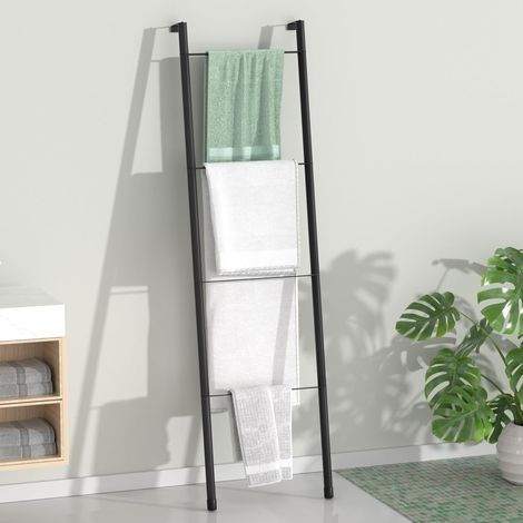Échelle de couverture en métal noir – Porte-serviettes mural sur pied pour salle de bain, salon, cuisine, support pour serviettes, couvertures, jetés, quits (4 niveaux, noir) (1/5)