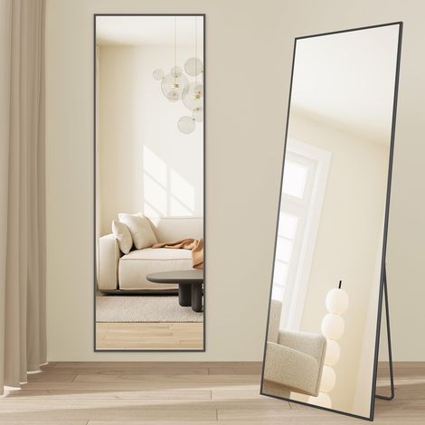 Miroir Intégral, Miroir Rectangulaire sur Pied, à Poser au Sol, Cadre en Alliage d’Aluminium, Verre Trempé, pour Chambre, Salon, Dressing, Coins Droits, 160 x 50 cm, Noir d'encre LFM050BD01 (1/5)