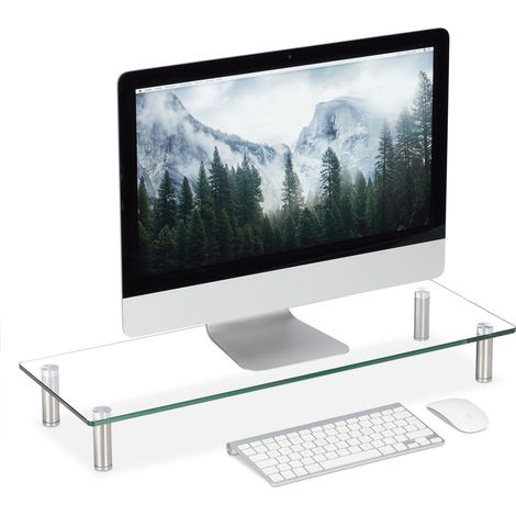 Support écran Verre, Plateau TV, de Notebook, réglable en Hauteur 9 à 11 cm, l x p 70 x 24 cm Transparent (1/5)