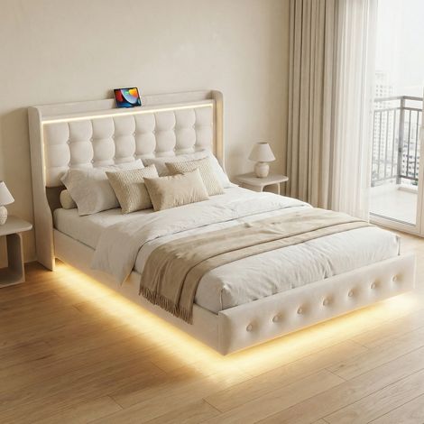 Letto matrimoniale 160x200 con rete a doghe, letto per adulti con effetto sospeso e illuminazione LED, testiera con porta USB, velluto, stile moderno, Bianco