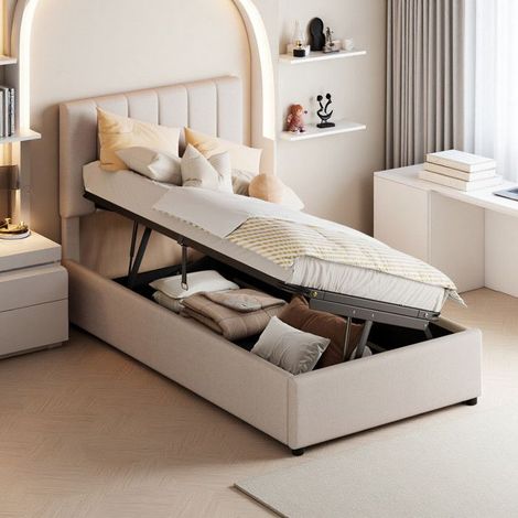 Letto Bambino 90x200 cm con Contenitore - Letto Idraulico, Testata Imbottita, Design Scandinavo Salvaspazio, Beige Lino (1/5)